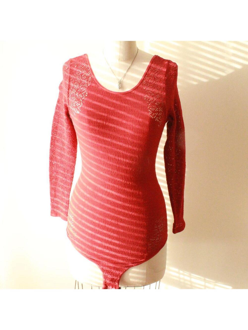 Free People Intimately Red Lace Knit Bodysuit with Long Sleeves - Size S/M